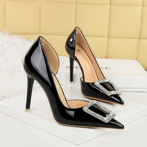 BIGTREE SHOES 638-K28 European and American Banquet High Heels Patent Leather Stilettos Shallow Mouth Pointed Toe Side Hollow Metal Rhinestone Buckle Pumps Women