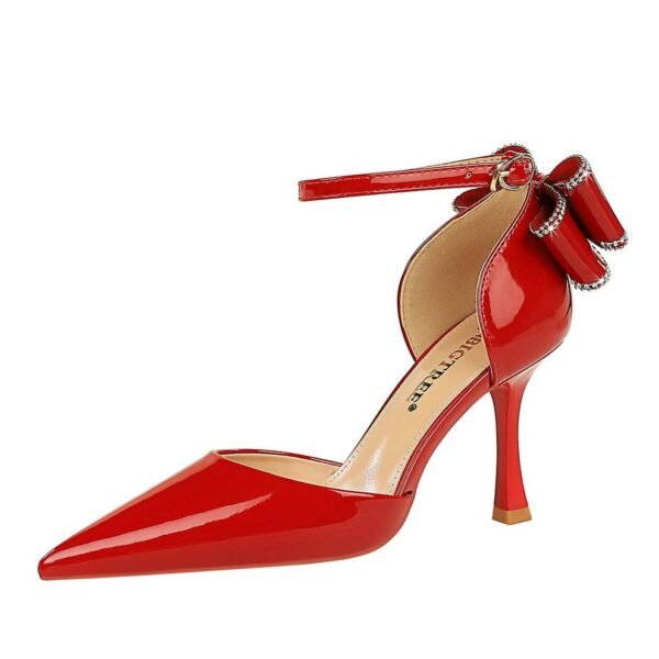 BIGTREE SHOES 8323-H35m Summer Hollow High Heel Shallow Mouth Pointed Patent Leather Strap Back Bow Sandals Women's High Heels