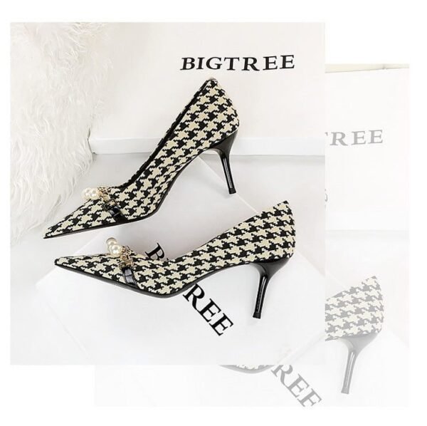 ecd8640d91f09f8c01f4aada0242a72a 9283-A1 European and American thin-heeled high-heeled shallow-pointed cloth plaid houndstooth metal chain pearl shoes