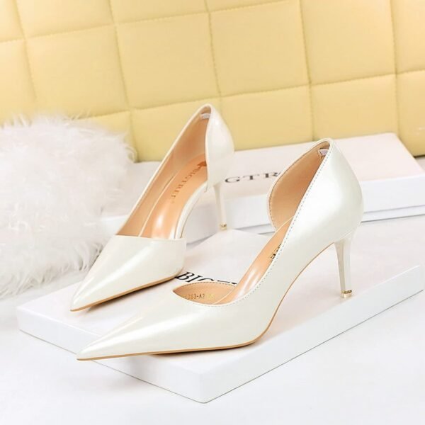 1363-A2 Korean fashion slim banquet fine heel high heel shallow pointed side hollow patent leather women's shoes single shoes high