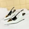BIGTREE SHOES 1097-k55 European and American Style Women's Shoes High Heel Wedge Patent Leather Hollow-out Back Strap Shallow Mouth Pointed Metal Decorative Shoes