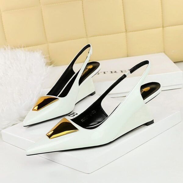 BIGTREE SHOES 1097-k55 European and American Style Women's Shoes High Heel Wedge Patent Leather Hollow-out Back Strap Shallow Mouth Pointed Metal Decorative Shoes