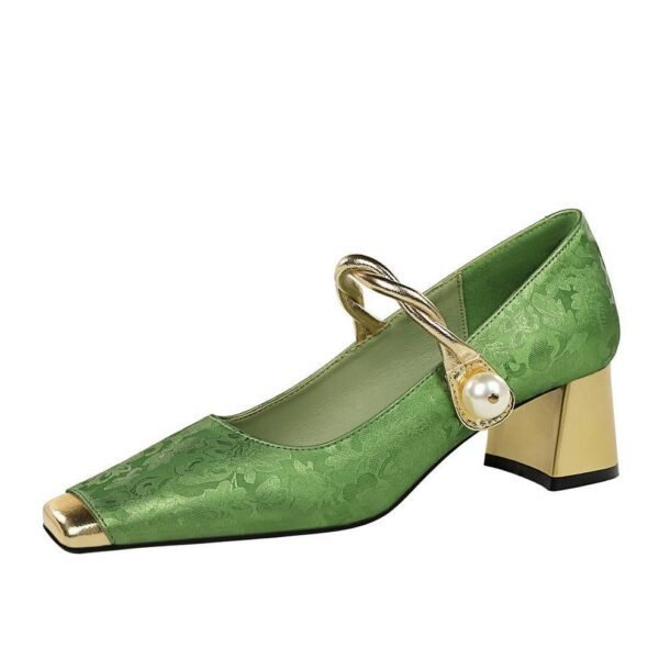 BIGTREE SHOES 5288-6 National Style Women's Shoes Banquet Chunky Heel Mid Heel Satin Embroidered Color Matching Square Toe Low-Cut Pearl Ankle-Strap Shoes