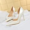 1363-A2 Korean fashion slim banquet fine heel high heel shallow pointed side hollow patent leather women's shoes single shoes high