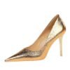 BIG TREE SHOES 9511-38 Retro European American Style Banquet High Heels Women's Shoes Metal Heel High Heel Low-Cut Pointed Sequined Women's Shoes