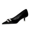 BIGTREE SHOES 237-K76 European and American Banquet Women's Shoes Middle Heel Fine Heel Thick Suede Shallow Mouth Pointed-Toe Metal Rhinestone Buckle Women's Shoes