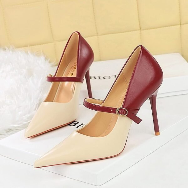 BIGTREE SHOES 9116-2 Retro European American Style Fashion High Heels Stiletto Women's Shoes Shallow Mouth Pointed-Toe Colorblock Ankle-Strap High Heel Pumps