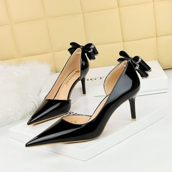 BIG TREE SHOES 638-ah35m Korean Style Banquet High Heels Stiletto Low-Cut Pointed Side Hollow Patent Leather Back Bow Women's Shoes