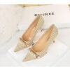 f0da3b59b730ea1e14f496a7eff8042a 9283-A1 European and American thin-heeled high-heeled shallow-pointed cloth plaid houndstooth metal chain pearl shoes