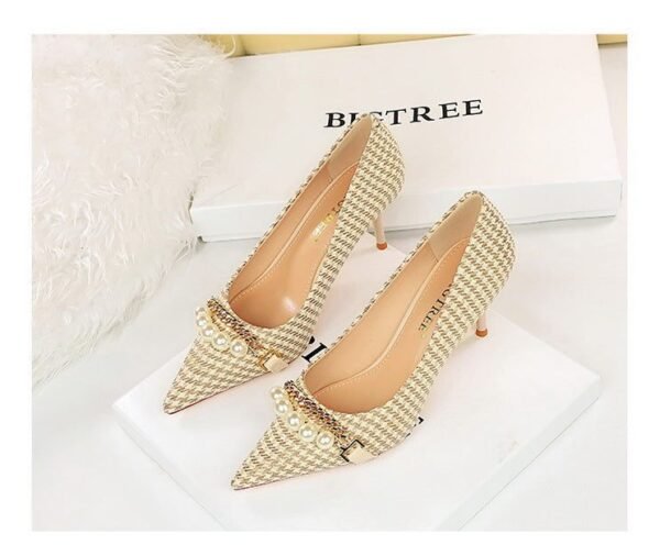 f0da3b59b730ea1e14f496a7eff8042a 9283-A1 European and American thin-heeled high-heeled shallow-pointed cloth plaid houndstooth metal chain pearl shoes