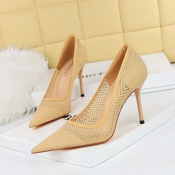 BIG TREE SHOES 1963-3 European and American Fashion High Heels Women's Shoes Stiletto Heel Shallow Mouth Pointed Toe Mesh Hollow-out Lace Shoes