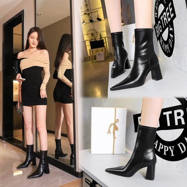 BIG TREE SHOES 6838-2 European and American Style Fashionable Simple  Thinner Chunky Heel High Heel Pointed Toe Winter Skinny Boots Women's Ankle Boots