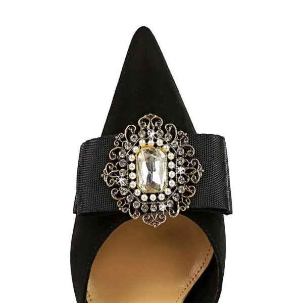 283-19 Retro European American Style Ultra High Heel Suede Shallow Mouth Pointed Toe Rhinestone Metal Buckle Bow Hollow Strap