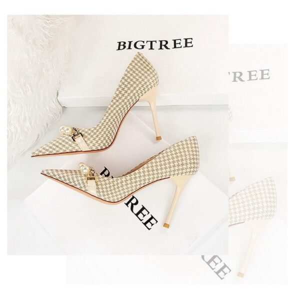 9283-1 European and American style houndstooth high-heeled high-heeled shallow-pointed pearl chain plaid women's shoes