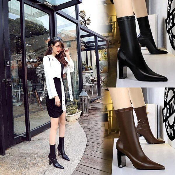 BIG TREE SHOES 3128-12 European and American Style Fashion Skinny Boots Metal Chunky Heel High Heel Pointed Toe Thinner Winter Boots