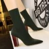 BIG TREE SHOES 3129-3 European and American fashion simple wood grain heel thick heel high heel pointed stretch Lycra slimming short boots