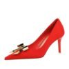 BIGTREE SHOES 18249-AK68 Thin Heel High Heel Satin Shallow Pointed Toe Metal Bowknot Single Shoes