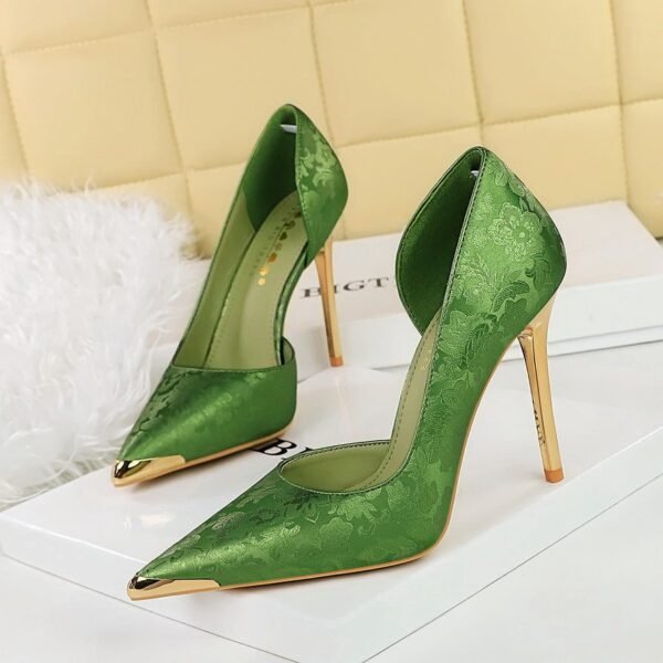 BIGTREE SHOES 8626-1 European and American Style Banquet National Style Women's Shoes High Heels Stiletto Heel Shallow Mouth Side Hollow Satin Metal Pointed Toe Pumps