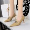 big tree shoes 598-1 European and American Retro Women's Fashion Shoes Stiletto Heel Deep Mouth Pointed Toe Metal Buckle Decorative Women's Shoes High-Cut Shoes