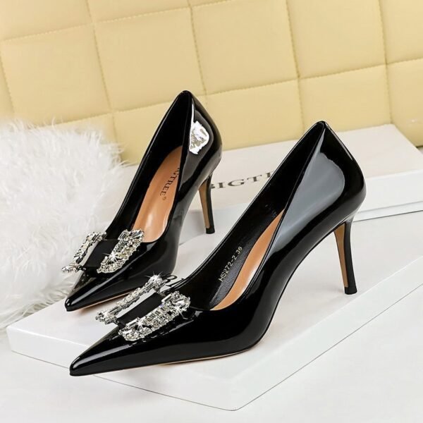 BIGTREE SHOES 272-K72 European and American Banquet High Heels Stiletto Heel Shallow Mouth Pointed Patent Leather Metal Rhinestone Buckle Pumps High Heel Women's Shoes