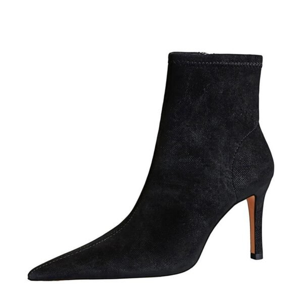 BIG TREE SHOES 9878-2 European and American Simple Slimming Banquet Female Boots Stiletto Heel Pointed Black Denim Fabric Ankle Boots
