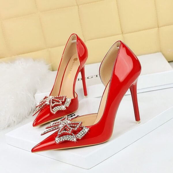 BIG TREE SHOES 638-H18 European and American Style Banquet High Heels Shallow Mouth Pointed Patent Leather Stilettos Super High Heel Rhinestone Bow Pumps