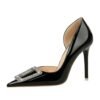 BIGTREE SHOES 638-K28 European and American Banquet High Heels Patent Leather Stilettos Shallow Mouth Pointed Toe Side Hollow Metal Rhinestone Buckle Pumps Women