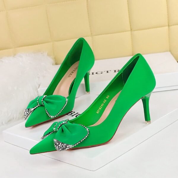 Bigtree Shoes 18249-Ah31 European and American Style Fashion High Heels Stiletto Heel Banquet Women's Shoes Shallow Mouth Pointed Rhinestone Bow Single Shoes