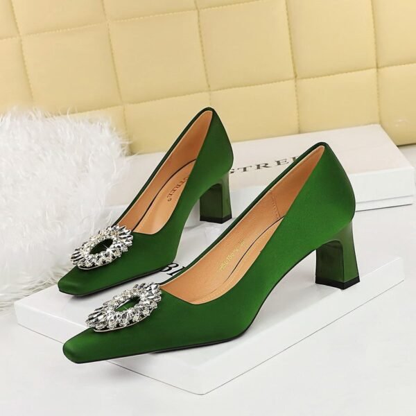 f8769140f58aee16faccc3f8e5c40496 BIG TREE SHOES 6186-k29 European and American Style Fashion Banquet High Heel Women's Shoes Thick Heel Satin Low-Cut Square Toe Metal Rhinestone Buckle Pumps