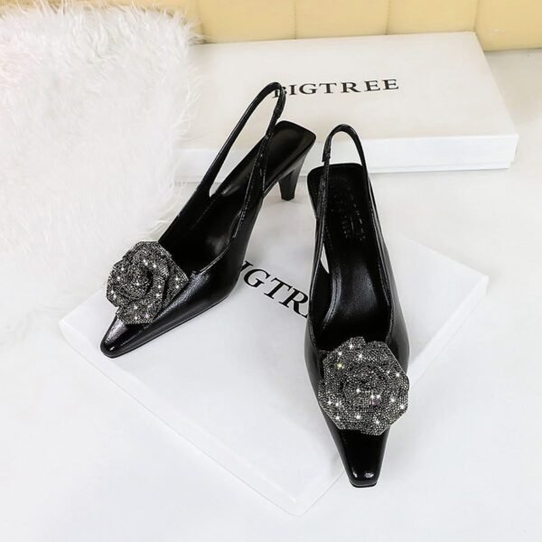 BIGTREE SHOES 2a06-h52 European and American Style Light Luxury Banquet Women's Shoes High Heel Low-Cut Pointed-Toe Hollowed Back Strap Rhinestone Flower Shoes