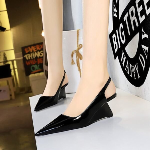BIG TREE SHOES 1097-1 European and American High Heel Wedge Hollow-out Back Strap Patent Leather Low-Cut Pointed Toe Pedicure Skinny High Heels Women's Shoes
