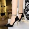 283-19 Retro European American Style Ultra High Heel Suede Shallow Mouth Pointed Toe Rhinestone Metal Buckle Bow Hollow Strap