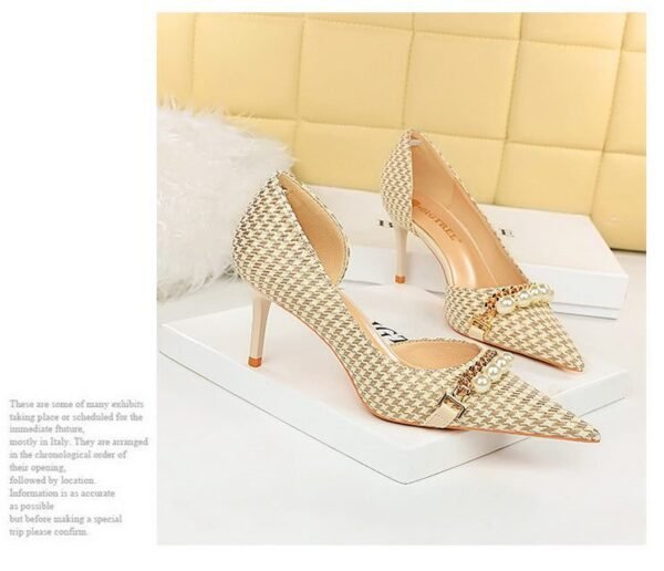 8829-A1 Korean version of high-heeled shallow-mouth pointed side hollow cloth plaid pearl metal chain houndstooth shoes