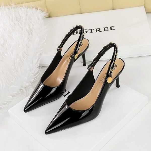 BIGTREE SHOES 1859-A1 European and American Style Banquet Women's Shoes Patent Leather Low-Cut Pointed-Toe Hollowed Back Strap Metal Chain High Heel Pumps