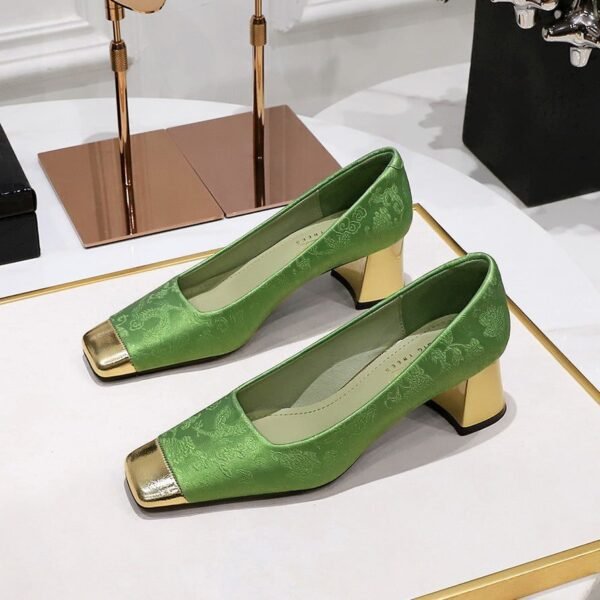 BIGTREE SHOES 5288-8 National Style Women's Shoes Entry Lux Elegant Thick Heel Mid-Heel Low-Cut Color Matching Square Head Embroidery Thread Satin Banquet Shoes Women