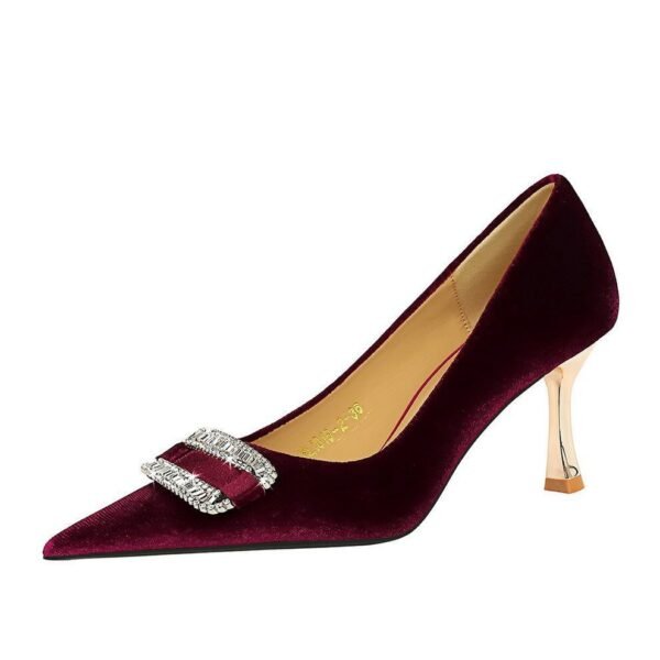 big tree shoes 1818-K76 European and American Style Fashion Banquet Women's Shoes High Heel Low-Cut Pointed Xi Shi Suede Metal Rhinestone Buckle Pumps