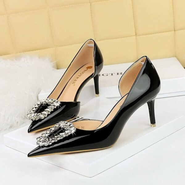 BIG TREE SHOES 638-Ak30 European and American Style Banquet Women's Shoes Stiletto Heel Patent Leather Low-Cut Pointed Toe Side Hollow Rhinestone Buckle Women's Shoes