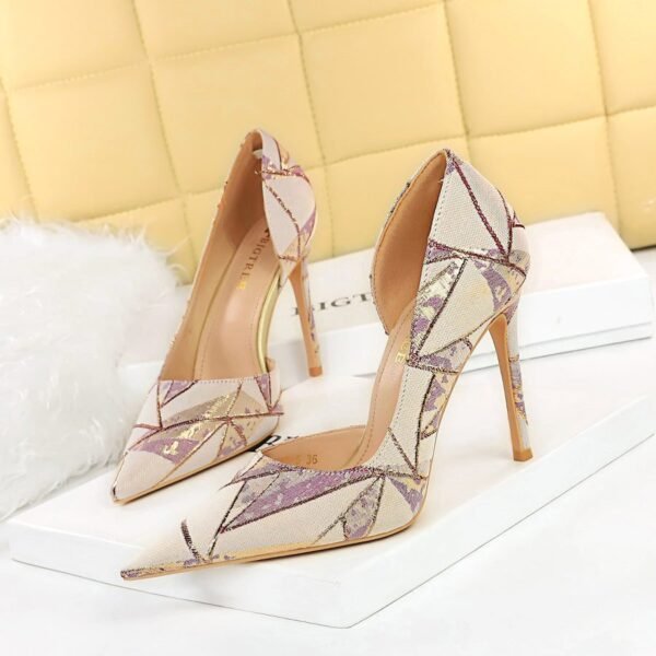 18185-5 European and American Style Stiletto Heel Cloth Shallow Mouth Pointed Side Hollow High Heels Pumps
