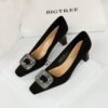 Bigtree Shoes 6186-k83 European and American Banquet Women's Shoes All-Match High Heel Chunky Heel Suede Square Toe Metal Rhinestone Buckle Single-Layer Shoes