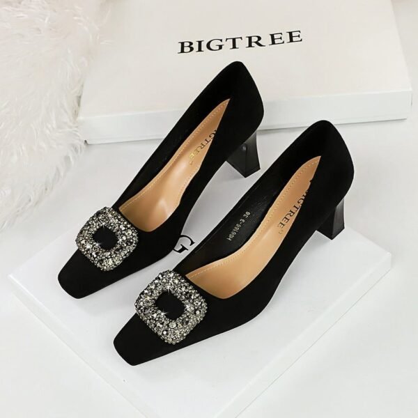 Bigtree Shoes 6186-k83 European and American Banquet Women's Shoes All-Match High Heel Chunky Heel Suede Square Toe Metal Rhinestone Buckle Single-Layer Shoes