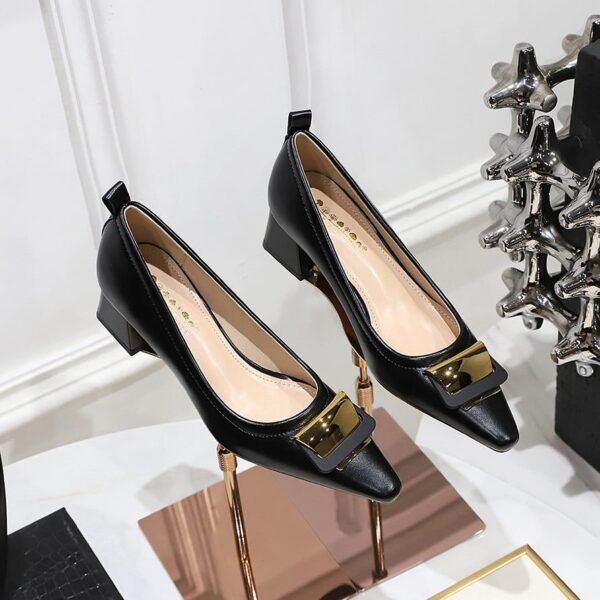 BIGTREE SHOES 1235-K56 European and American Style Business Ol Women's Shoes Shallow Mouth Square Toe Metal Buckle Chunky Heel Mid Heel Commuter Shoes Women
