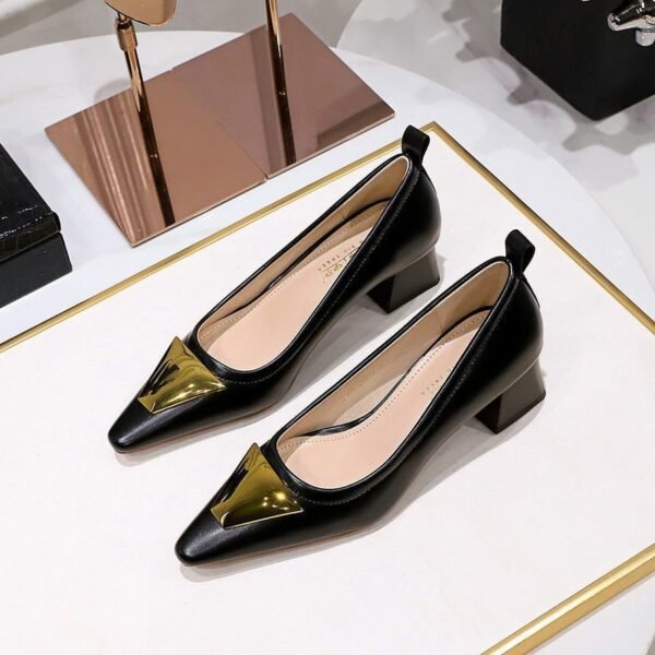 fe1fd3b309ab9852c226cbec5c88ef02 BIGTREE SHOES 1235-K55 Retro Style Fashionable Chunky Heel Mid-Heel Low-Cut Pointed-Toe Metal Decoration Pumps Business Ol Commuter Women's Shoes