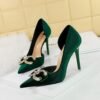 Bigtree Shoes 1363-K77 Banquet High Heels Stiletto Heel Shallow Mouth Pointed Side Hollow out Thick Suede Rhinestone Buckle Bow Pumps