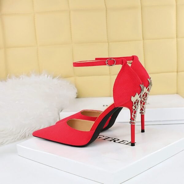 283-18 European and American Style Metal Decorative Heel High Heel Plaid Embossed Suede Shallow Mouth Pointed-Toe Hollowed Sandals