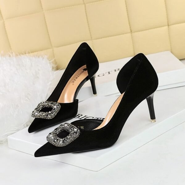 BIGTREE SHOES 1363-Ak83 Korean Style Banquet High Heel Xishi Suede Shallow Mouth Pointed Side Hollow Metal Rhinestone Buckle Pumps Women