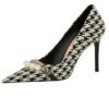 9283-1 European and American style houndstooth high-heeled high-heeled shallow-pointed pearl chain plaid women's shoes