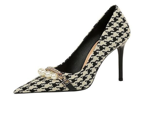 9283-1 European and American style houndstooth high-heeled high-heeled shallow-pointed pearl chain plaid women's shoes