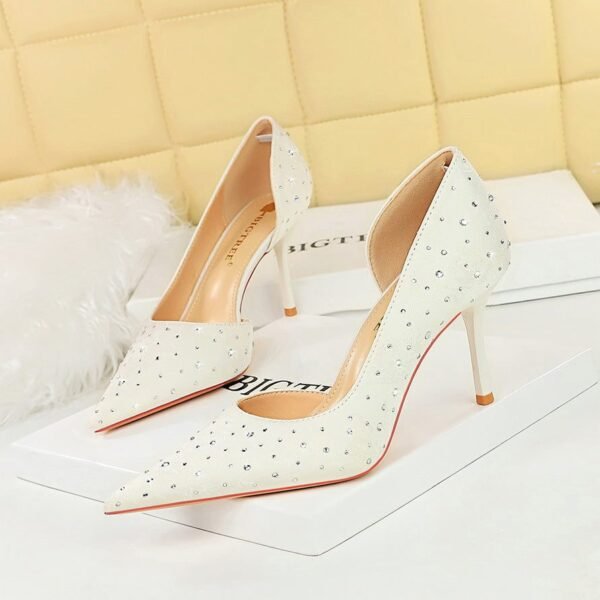 BIGTREE SHOES 8237-2 Korean Style Fashion Banquet Women's Shoes High Heels Stiletto Heel Shallow Mouth Pointed Toe Satin Side Hollow Rhinestone Pumps Women