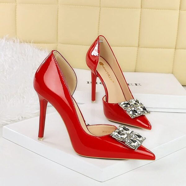 ffc2f3d92d4217337d2b6584409f6a37 BIGTREE SHOES 638-K58 High Heel Stiletto Patent Leather Shallow Pointed Toe Square Rhinestone Buckle Single Shoes for Women