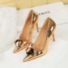 BIGTREE 18249-K91 European and American style super high-heeled women's shoes patent leather metal bow splicing stiletto high heels